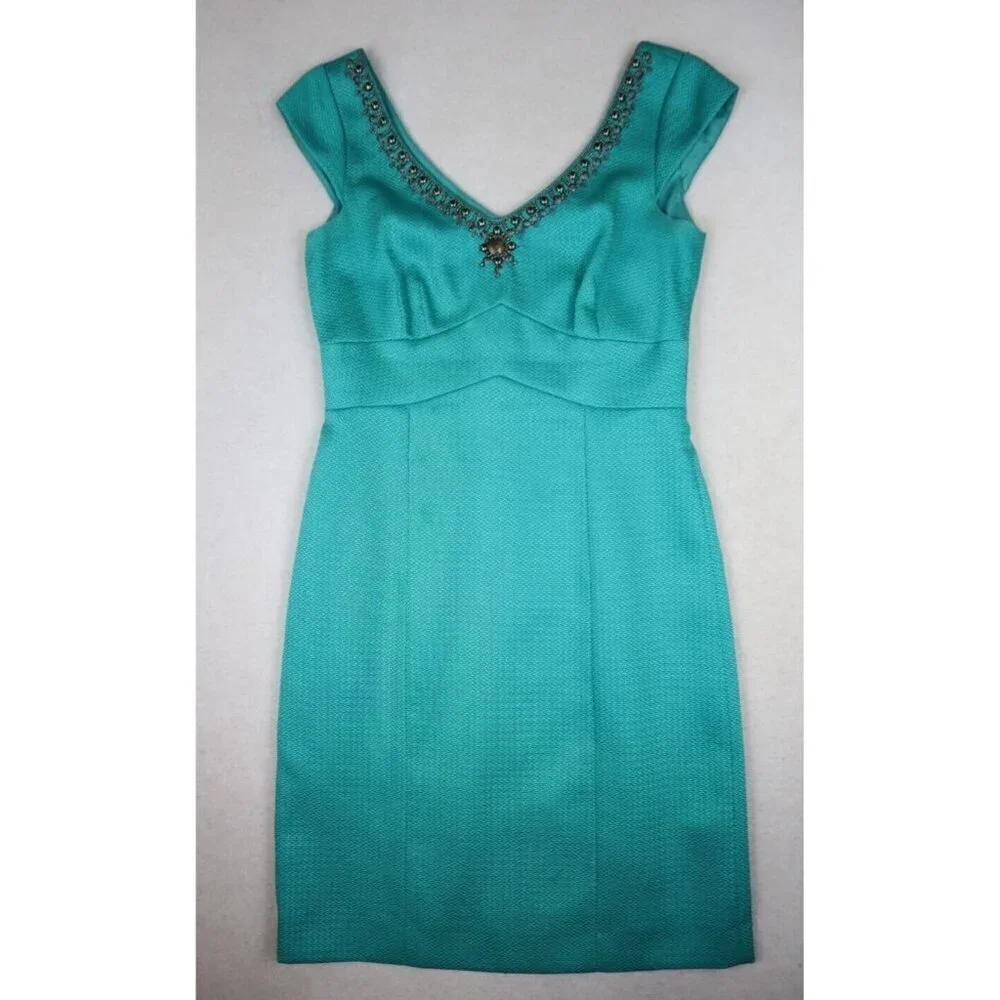 TAHARI - WOMEN'S TEAL GREEN SHEATH DRESS - BEADED NECKLINE - SIZE 4 - Picture 3 of 14